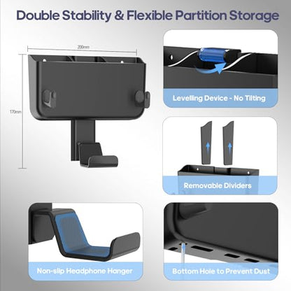 Kytok Adhesive Remote Control Holder Wall Mount with Headset Hanger, 3 in 1 Organizer TV/Fan Remote Caddy with Hook for Headphone, No Drill Controller Storage Bracket, Bed Wall Rack