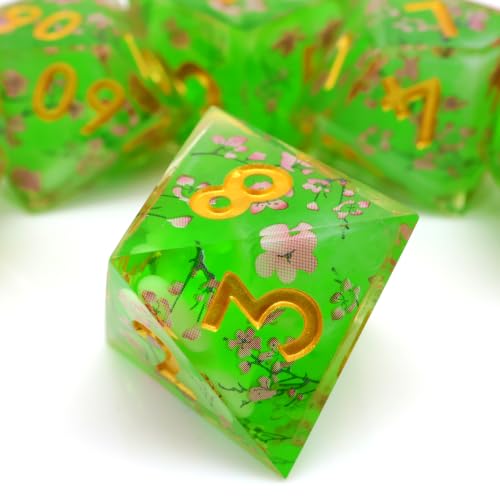 XENOLUX Polyhedral Resin Dice Set for DND, Spring Sakura Blossom Botanical RPG Dice for Dungeons and Dragons, Handcrafted Translucent Tabletop Board Games Accessories with Tin Box (L12) - color: L12