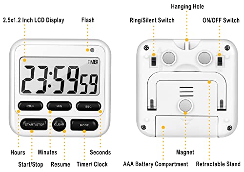 4-in-1 Digital Timer with Count Up/Down, Clock & Alarm, Ring & Silent Modes | Large 2.8-Inch easy-read LCD, On/Off switch, 24-Hour count up/down, Fast-forward function, Magnetic back, stand, hanging hole - color: White