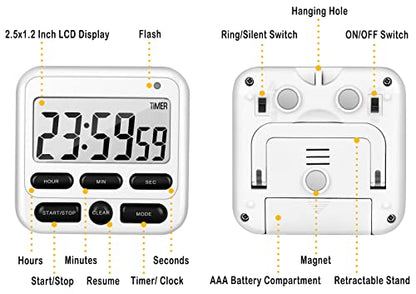 4-in-1 Digital Timer with Count Up/Down, Clock & Alarm, Ring & Silent Modes | Large 2.8-Inch easy-read LCD, On/Off switch, 24-Hour count up/down, Fast-forward function, Magnetic back, stand, hanging hole - color: White