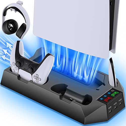 PS5/PS5 Slim/PS5 Pro Stand and Cooling Station with Dual Controller Charging Station for PlayStation 5 Console, PS5 Accessories Incl. Controller Charger, Cooling Fan, Headset Holder, 3 USB Hub, Black - color: Black