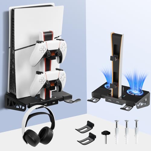 WishJazz PS5/Slim/Pro Wall Mount Kit with Cooling Fan & Charging Station, PS5 Shelf Wall Mount Accessories, Steel Wall Stand with Dual Controller Charger, Headset Hanger for All PS5 Versions