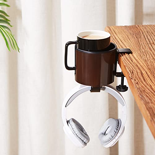 GUNKING Luxury 2-in-1 Anti-Spill Cup Holder with Under Desk Headphone Hanger (Coffee Brown) - color: COFFEE BROWN
