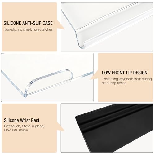 Acrylic Keyboard Stand w/Silicone Wrist Rest Adjustment, Ergonomic | 4-Level Height, Wrist Rest Set 16.9 x 5.7",Computer Keyboard Riser, for Easy Typing Office, Gaming, Home Desks, Clear & Black