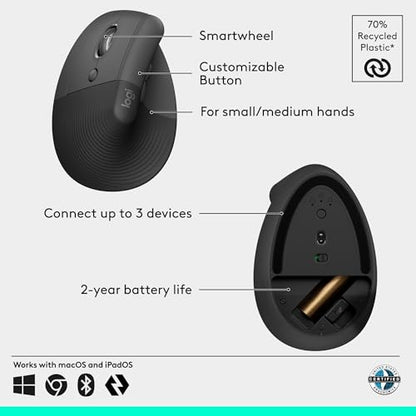 Logitech Left Handed Lift Vertical Ergonomic Wireless Mouse - Graphite | Connect via Bluetooth or included Logi Bolt USB-A receiver, quiet clicks, 4 of 6 buttons customizable, Windows Mac compatible - color: Graphite, style: Left-Handed