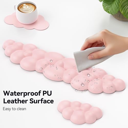 TECKNET Cloud Keyboard Wrist Rest Set, Cloud Wrist Rest with Non-Slip Base, PU Leather Wrist Pad for Keyboard with Ergonomic Memory Foam for Computer Laptop Office Gaming and Pain Relief, Light Pink - color: Light Pink