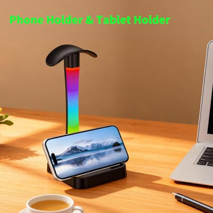 Headphone Stand with Charger,Gaming Headset stand with RGB Light Mode,For Airpod Max Stand,Desk Lamp,Phone Holder,Tablet Holder,desktop organizer,Gifts for Gamers & Music Lover(Black) - color: Black