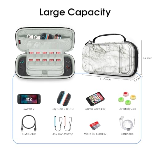 FINTIE Carrying Case for Nintendo Switch 2 (2025), Shockproof Hard Shell Switch 2 Case, Protective Cover Travel Bag with 19 Game Card & 2 Micro SD Card Slots & Inner Pocket (marble) - color: marble