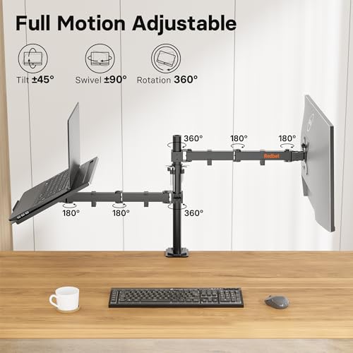 Redbat Monitor and Laptop Mount Stand, Fully Adjustable Monitor Arm with Vented Tray for 13" to 32" LCD Screens and Notebook up to 16", Holds up to 22lbs, VESA Compatible, Dual Mounting Options | Fully Adjustable Monitor Arm with Vented Tray for LCD Scree