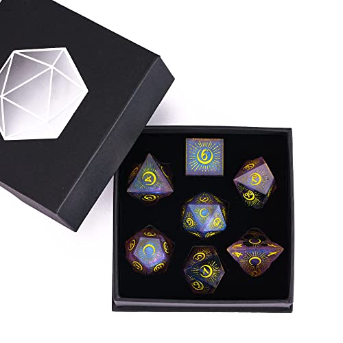 Cusdie Sharp Edges DND Dice, 7 PCs Moon Dice Set D&D Dice, Handcrafted Polyhedral Dice Set, for Role Playing Game (Moon/Purple Black) - color: Moon Pattern-purple Black