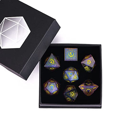 Cusdie Sharp Edges DND Dice, 7 PCs Moon Dice Set D&D Dice, Handcrafted Polyhedral Dice Set, for Role Playing Game (Moon/Purple Black) - color: Moon Pattern-purple Black