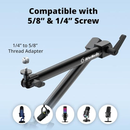 AVerMedia Mic Arm with Desk Clamp, Fully Adjustable Boom Arm, 1/4” to 5/8” Adapter, Heavy Duty Mic Stand for Studio, Podcast, Gaming, including both High & Low Profile Mic Arm setups- FLEXI go BA311L