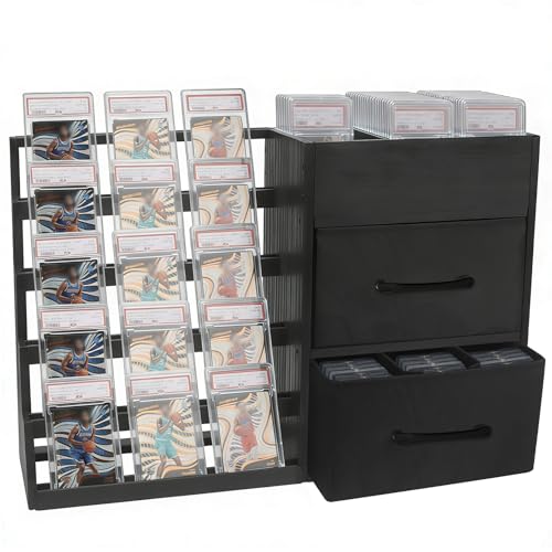 5-Tier Trading Card Display Stand,Large Card Display Case with 2 Drawers & 9 Compartments,Wooden Graded Sports Card Display Holds 200+ PSA/BGS/SGC Slabs to Showcase and Protect Your Collection - size: 24*6.7*16.1in