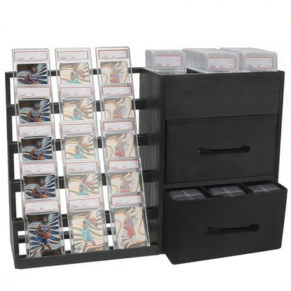 5-Tier Trading Card Display Stand,Large Card Display Case with 2 Drawers & 9 Compartments,Wooden Graded Sports Card Display Holds 200+ PSA/BGS/SGC Slabs to Showcase and Protect Your Collection - size: 24*6.7*16.1in