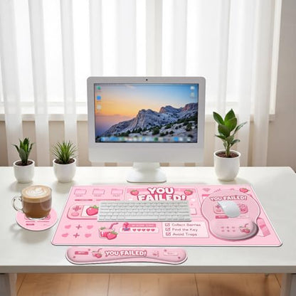 Cute Gamer Desk Mat Set Strawberry Pink Kawaii Aesthetic Mouse Pad with Wrist Rest 4in1 Desk Mat for Desktop Ergonomic Keyboard Wrist Support Anti-Slip Computer Ergonomic Mouse Pad Home Office Gaming - color: Cute Gamer
