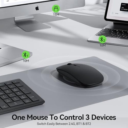 TECKNET Wireless Mouse, 4800 DPI Rechargeable Bluetooth Mouse for Laptop | Bluetooth 5.2/3.0 & 2.4G, Ultra-Thin, 6-Level Adjustable 4800 DPI Computer Mouse for Mac OS, iPad, Windows, Android - color: black