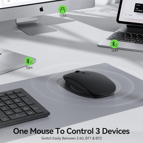 TECKNET Wireless Mouse, 4800 DPI Rechargeable Bluetooth Mouse for Laptop | Bluetooth 5.2/3.0 & 2.4G, Ultra-Thin, 6-Level Adjustable 4800 DPI Computer Mouse for Mac OS, iPad, Windows, Android - color: Matte Black