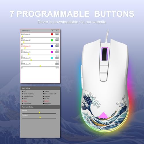 COSTOM Womier G705 USB Wired Gaming Mouse for PC Computer Windows Mac Laptop, Lightweight Silent RGB Backlit Mouse with Adjustable 12000DPI/7 Programmable Side Buttons,White Kanagawa Theme - color: white 2