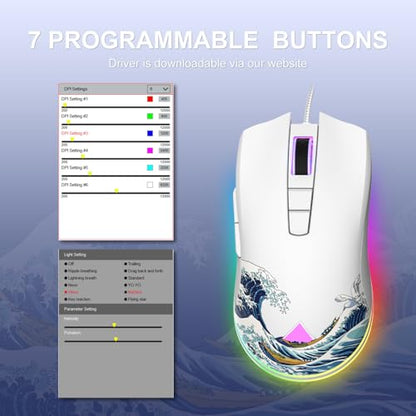 COSTOM Womier G705 USB Wired Gaming Mouse for PC Computer Windows Mac Laptop, Lightweight Silent RGB Backlit Mouse with Adjustable 12000DPI/7 Programmable Side Buttons,White Kanagawa Theme - color: white 2