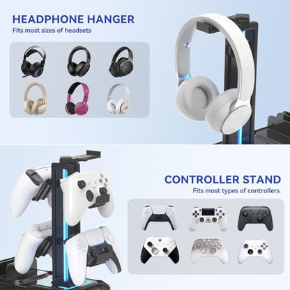 KDD Headphone Stand with USB A&C Charger Ports - RGB Controller Stand with Detachable Hooks - Rotatable Headset Hanger & Device Slot for Phones/Tablets - Drawer Storage Base for Gaming Desk Organizer