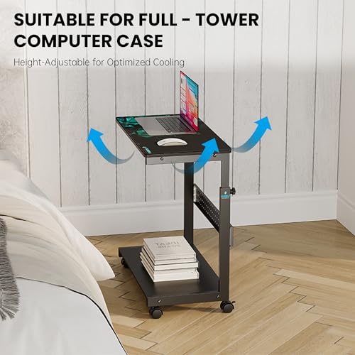 EUREKA ERGONOMIC PC Stand Computer Cart Frosted Glass, Height Adjustable Tower Stand 2-Tier Suit for ATX Case Printer, Metal Rolling Cart on Wheels for Gaming Home Office, Black - color: Frosted Glass Black