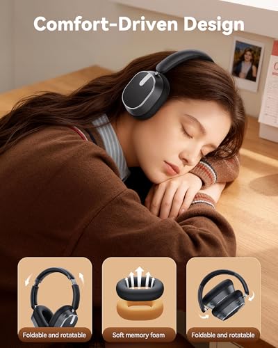 Hybrid Active Noise Cancelling Headphones, 120H Playtime Bluetooth Over Ear Headphones, Bluetooth 6.0 Wireless Headset with Display, 6 ENC Mic, Hi-Res Audio, Transparency Mode for Travel Game Black