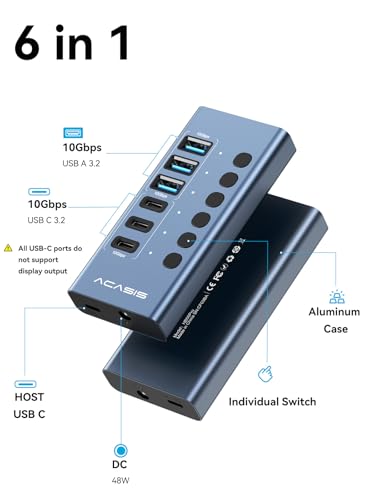 ACASIS 6 Ports Powered USB 3.2 Hub (3 USB-A 3.2 +3 USB-C 3.2), 10Gbps | Individual On/Off Switch for Each Port • Aluminum Housing • Better Heat Dissipation • Plug & Play • 48W Power Adapter - size: 6 Ports
