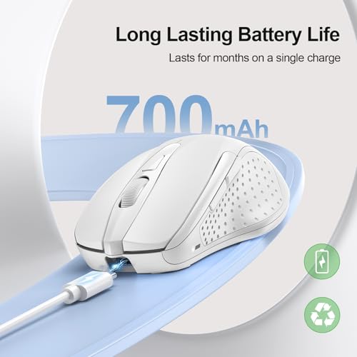 TECKNET Wireless Mouse Rechargeable, 2.4G Computer Mice with USB-A Receiver | 2.4G Connection, 800mAh Battery, 3X Faster Charging, Silent Click, 6-Level 4800 DPI, Ergonomic Design for All-day Comfort - color: White