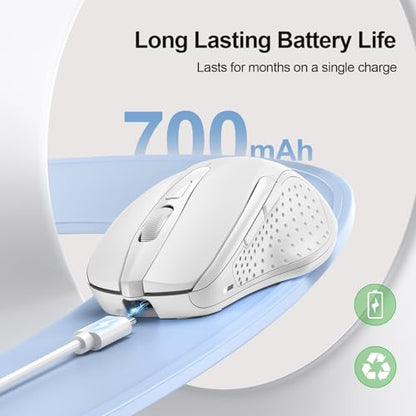 TECKNET Wireless Mouse Rechargeable, 2.4G Computer Mice with USB-A Receiver | 2.4G Connection, 800mAh Battery, 3X Faster Charging, Silent Click, 6-Level 4800 DPI, Ergonomic Design for All-day Comfort - color: White