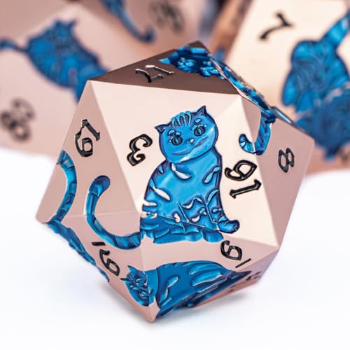 Metal DND Cat Dice 7PCS Polyhedral RPG Dice Set with Gift Case for Dungeons Dragons Role Playing Game, D and D Dice D6 D8 D10 D12 D20 D% (Copper Blue) - color: Cat-copper Blue