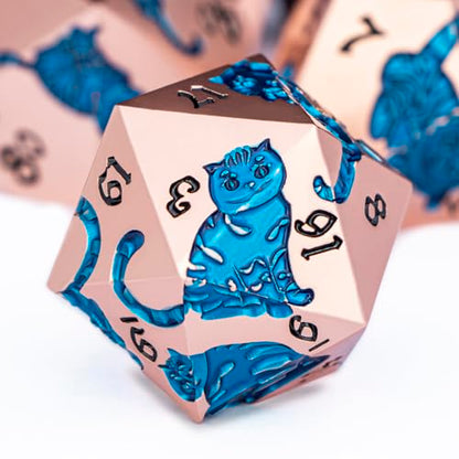 Metal DND Cat Dice 7PCS Polyhedral RPG Dice Set with Gift Case for Dungeons Dragons Role Playing Game, D and D Dice D6 D8 D10 D12 D20 D% (Copper Blue) - color: Cat-copper Blue