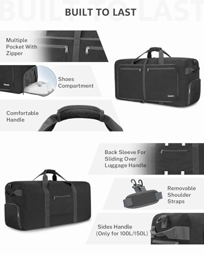 Gonex Large Foldable Travel Duffle Bag with Shoes Compartment, Packable Lightweight Water Repellent Duffel Bag for Camping Gym Weekender Bag - color: Dark Grey, size: 150L