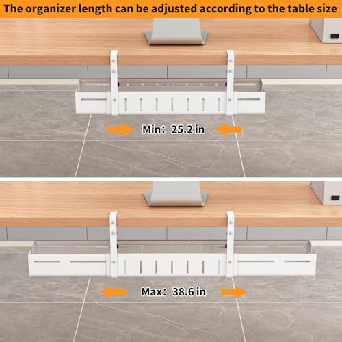 Under Desk Cable Management Tray, Expandable Length 25.2"-38.6",No Drill No Damage to Desk,Cable Tray with Clamp for with Wire Management,for Cord Organizer for Home Office Standing Desk, White