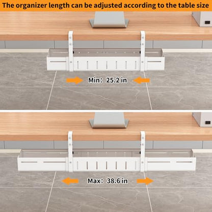 Under Desk Cable Management Tray, Expandable Length 25.2"-38.6",No Drill No Damage to Desk,Cable Tray with Clamp for with Wire Management,for Cord Organizer for Home Office Standing Desk, White