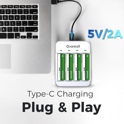 Granicell 4 Bay AA & AAA USB Battery Charger | High-Speed Charging for NiMH NiCD Rechargeable Batteries Independent Slot, Safe & Portable - size: Charger-4