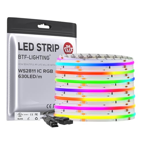 BTF-LIGHTING 24FT WS2811 Smart IC RGB DC24V FCOB COB LED Strip Light | UL Listed 630LEDs/m High Density Color Chasing Light 10mm Width for Home Party DIY Lighting(No Adapter or Controller) - color: White PCB, size: 24FT