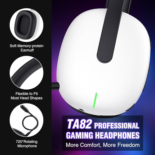 WolfLawS TA82 Wireless Gaming Headset with Detachable Noise Canceling Microphone for PS5 PS4 PC, 2.4GHz USB Gamer Headphones with 7.1 Surround Sound, Memory Foam Ear Pads - White