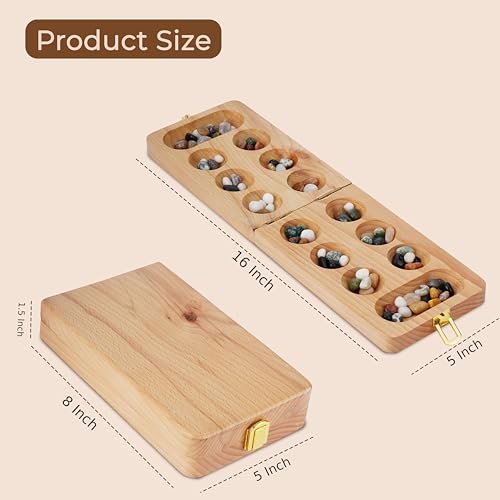 Ajuny Mancala Board Game, Real Natural Stones, Folding Wooden Travel Set | Solid beech wood, 80 unique real stones (48+32), folds & latches shut. Screen-free 2 player game for family night, kids 6+ - size: 8 Inch