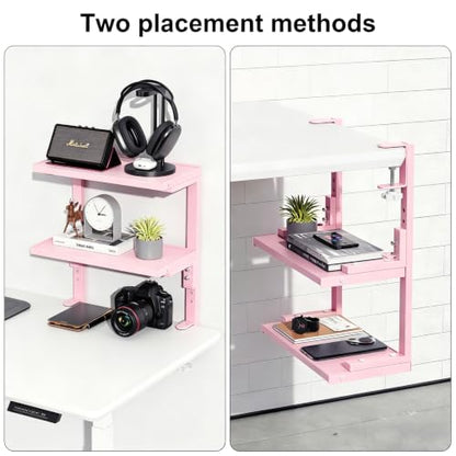 2-Tier Desk Shelf | Desk Organization Expandable Clamp on Desk Shelf Desktop Accessories for Offices and Game Rooms (Pink) - color: Pink