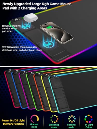 XXL Mouse Pad with Phone Holder - Black, RGB Desk Mat with 15W Fast Charging, LED Gaming Mousepad with 11 Light Colors, Waterproof Non-Slip Pad for Office & Home (Black with PD Adapter) - color: Black with PD Adapter