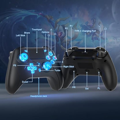 Dinosoo RGB Wireless Controller with LED Light & Remap Back Buttons, Adjustable Turbo, 2.4G Adapter for PS5, PC - color: Blue