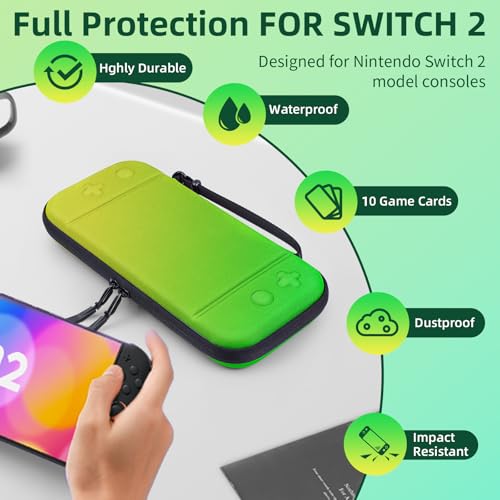 BRHE Switch 2 Carry Case Compatible with Nintendo Switch 2 Console,Large Capacity Switch 2 Case, Portable Hard NS 2 Travel Bag for Console & Accessories, 10 Game Card Slots (Yellow Green Gradient) - color: Yellow Green Gradient