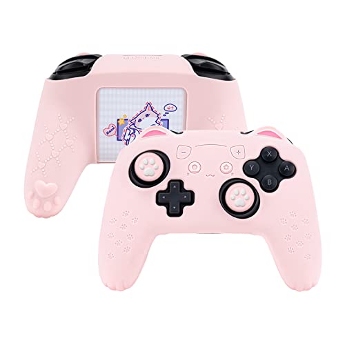 GeekShare Cat Paw Controller Skin Grips Set - Switch Pro Compatible - Anti-Slip Silicone Protective Cover Case - Joystick Caps - Pink