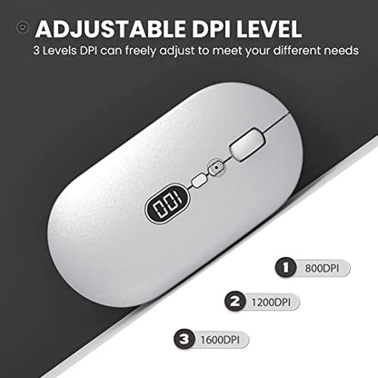 MAGIC-REFINER X1 Wireless Computer Mouse with Battery Level Visible, Silver | 2.4G Portable, Ultra Slim USB Mouse, Silent Click, 1600 DPI for Win/Mac/PC/Laptop/Computer/Office/Travel - color: Silver