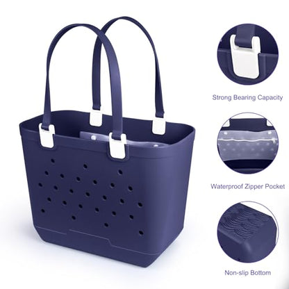 X-Large Rubber Beach Tote Bag, 18.9 "L x 9.4 "W x 13.8 "H Waterproof EVA Beach Totes with Zipper Pocket - color: Midnight Blue
