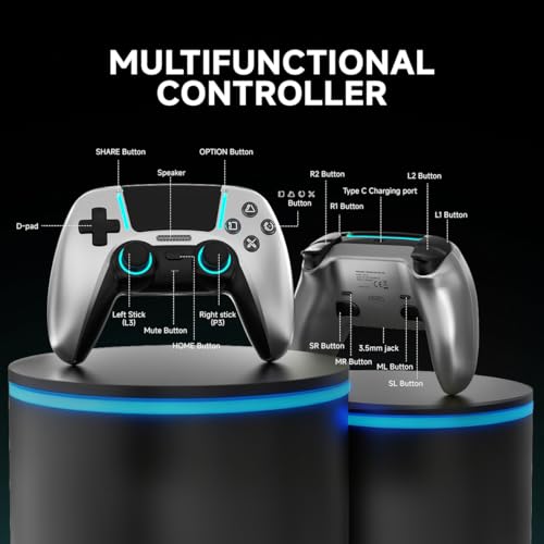 ASRVA Chrome Silver Wireless Pro Controller for PS5 4 Back Buttons,Hall Effect No-Drift Joystick,Micro-Switch ABXY,6-Axis Gyro,Macro,1000mAh Battery,RGB,Compatible with PS5/PC/Mobile - color: Chrome Silver