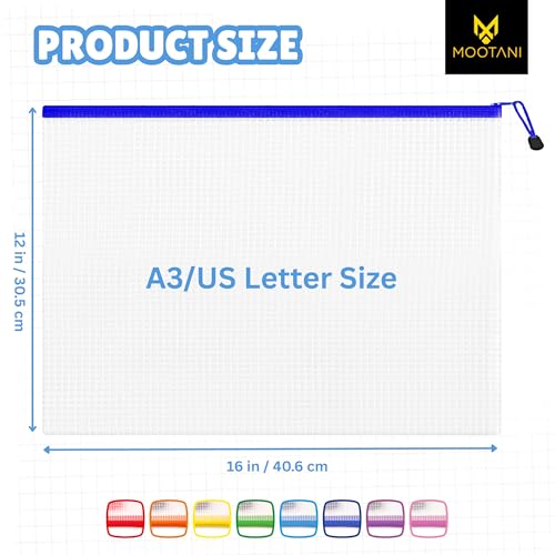 24 Pcs Mesh Zipper Pouch Bags A3 (16x12) Inches Large Waterproof, Reusable Zipper Bags for Board Game & Puzzle Storage, Classroom, Office & Organization, 8 Colors