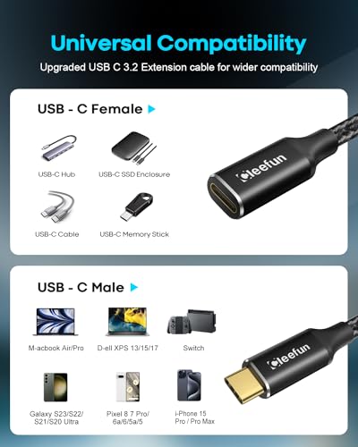CLEEFUN USB-C Extension Cable - 1ft, 1-Pack, USB-C Male to Female, 10Gbps Data & 4K Video Sync, 100W Fast Charging for Laptop, Tablet, Phone - color: Black, size: 1ft