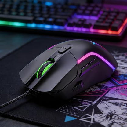 Wired Gaming Mouse, 8 Programmable Buttons with Rapid Fire Key, Adjustable DPI, RGB Backlit, On-Board Memory, Ergonomic Optical Mouse for PC Windows Mac