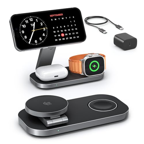 3-in-1 Charging Station for Apple Device, Qi2 25W Certified Magnetic Wireless Foldable Fast Charger Stand Compatible with MagSafe for iPhone 17e/17/16/15/14/13/12/Air Series, Apple Watch & AirPods - color: MatteBlack